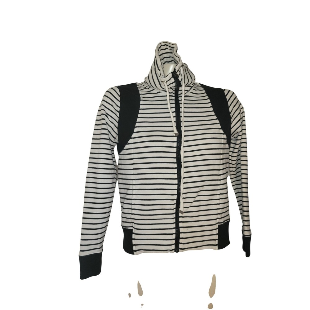 Laura Scott Petite Striped Zip Up Hoodie Black White Funnel Neck Sweatshirt SP